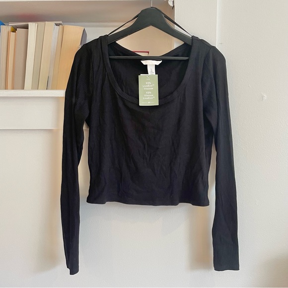 NWT H&M Sz L ribbed cropped long sleeve top crew neck line - Picture 1 of 4